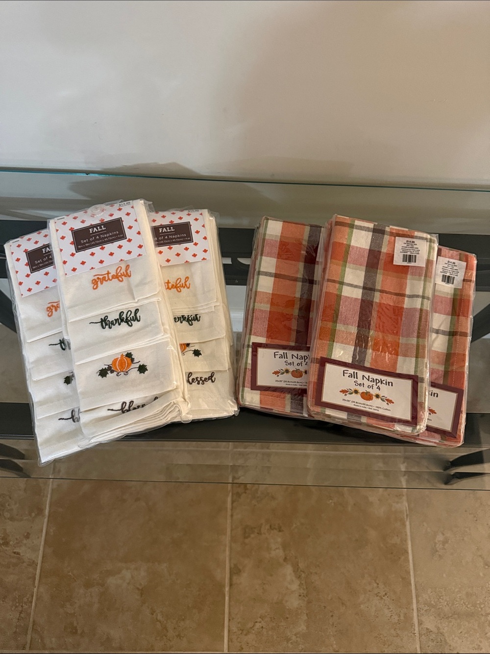 Fall Embroidered & Plaid Napkin Sets - White & Orange Twenty Four Napkins